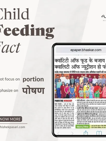 This image highlights media coverage from the Indore Press Club. The article discusses my workshop on empowered parenting, focusing on quality nutrition over quantity and building habits based on trust and mindfulness.