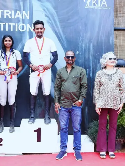 Another victory shot from the Karnataka State Equestrian Competition. We celebrate the success of our riders Navya and Basavaraju S, who stand proudly on the podium with their medals.