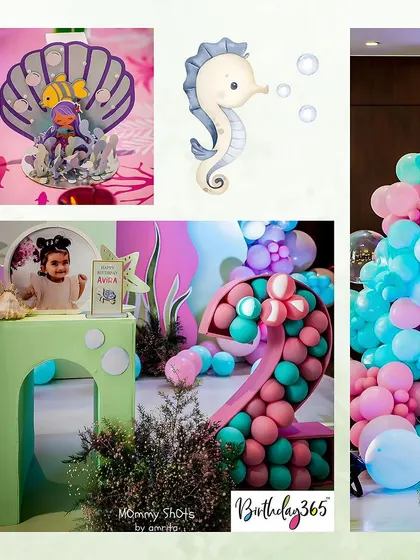 A collage of details from Avira's underwater party, including a large balloon-filled number "2", a seahorse cutout, and a custom table centerpiece.
