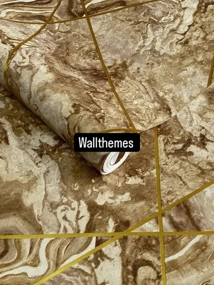 A warm brown marble-effect wallpaper with a modern geometric overlay of gold lines.