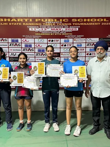 The winners of the U-19 girls' category at the 1st Delhi State Ranking Tournament. Our player Akanksha Singhal secured a bronze medal, competing against older and more experienced players.