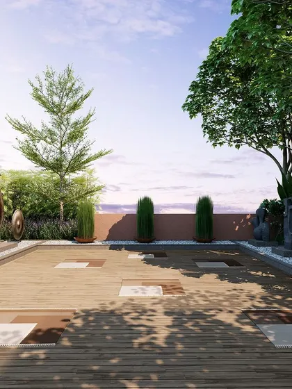 We believe outdoor spaces should nurture well-being. This dedicated gong and meditation deck, set against a backdrop of lush greenery, provides residents with a serene sanctuary for mindfulness and escape, right at their doorstep.
