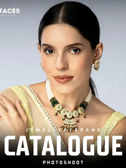 A model displaying a green beaded necklace set, demonstrating our ability to work with a variety of jewellery styles and materials.