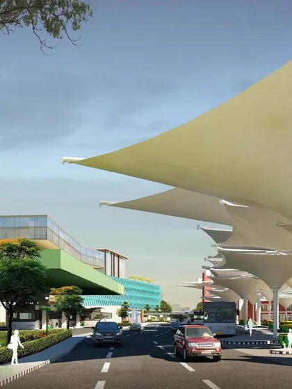 The design for the Ranchi terminal features modern, lightweight tensile structures to cover the drop-off and pick-up zones, providing shelter while maintaining an open, airy feel.