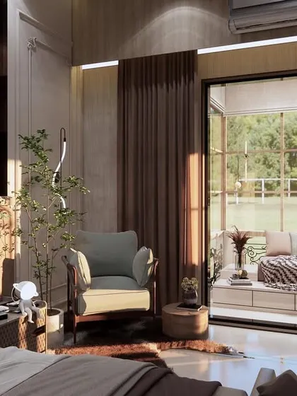 A glimpse of a master bedroom from a dear project in Mathura. We are experimenting with multiple finishes like wood paneling and reflective surfaces while keeping the overall feel subtle and sophisticated.