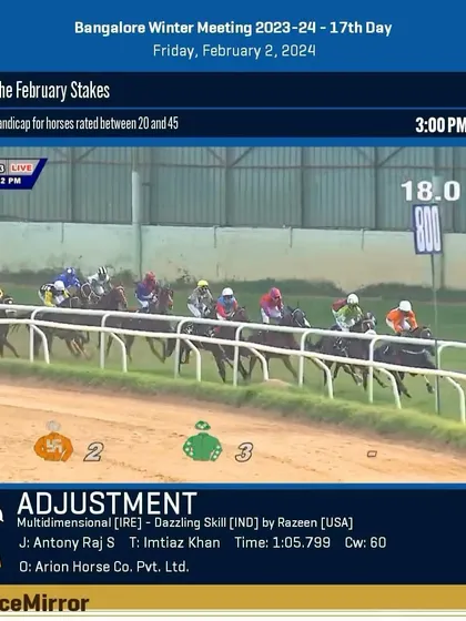 Race 3 results from February 2, 2024: Adjustment wins The February Stakes.