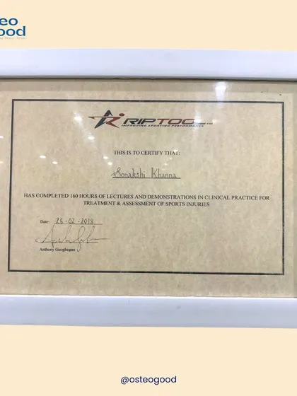 This certificate documents my completion of 160 hours of clinical practice for the treatment and assessment of sports injuries. This hands-on training ensures I am proficient in the latest diagnostic and therapeutic techniques.