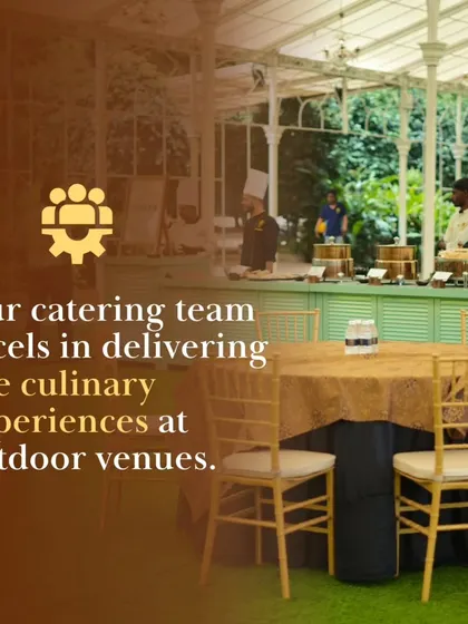 Our catering team excels in delivering live culinary experiences at outdoor venues. This image shows our elegant buffet setup in a glass-walled marquee, ready to serve guests in a beautiful setting.