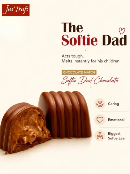 Our "Softie Dad" chocolate has a ridged shell, shown with a cut piece revealing the filling in this Father's Day design.