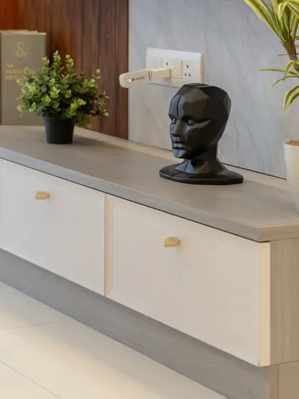 A close-up of the sleek, low-profile TV unit with handleless drawers and a two-tone finish, keeping the living room clutter-free and minimalist.