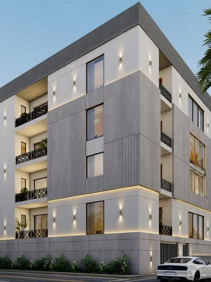 A 3D render for a 280 sq. yard residential building in Kirti Nagar, New Delhi. The facade design is defined by clean lines, a minimalist grey and white color palette, and strategically placed exterior lights that accentuate its geometric form.