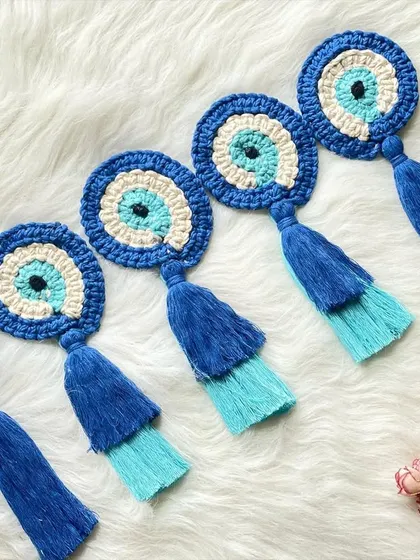 A set of five Evil Eye hangings ready for a custom order. These make wonderful gifts to wish friends and family protection and good fortune.