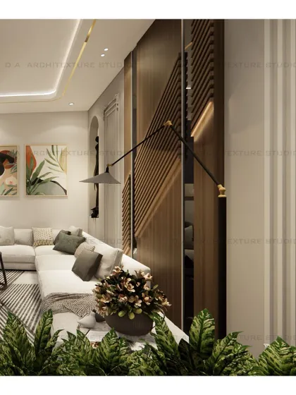 This living room in Vishal Enclave uses wooden louvers and carefully selected art to create a warm and inviting atmosphere. The design focuses on texture and natural elements.