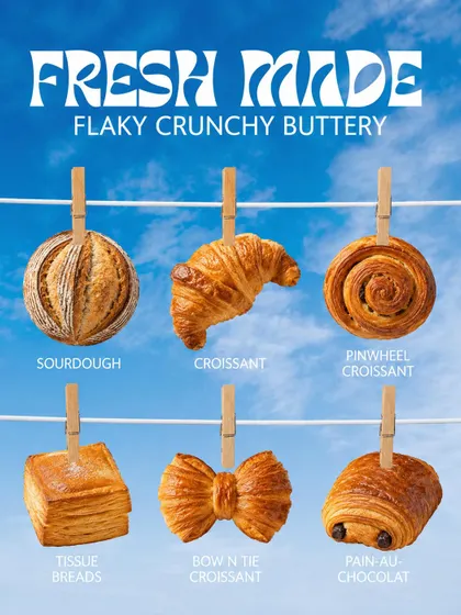 Sourdough, croissant, pinwheel, tissue bread, bow tie croissant and pain au chocolat hang across our range illustration.