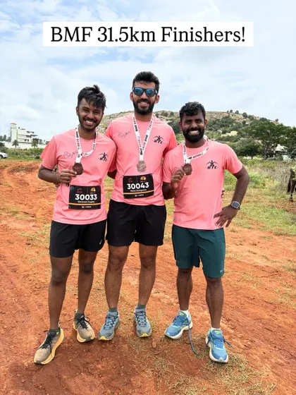 The reward after the grind. Celebrating with my crew after finishing the BMF 31.5km trail race. We train for these moments of achievement and shared victory.