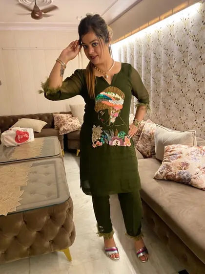 My client's Rakhi outfit. This olive green co-ord set features unique, artistic embroidery, making it a stylish and personalized choice for the festival.
