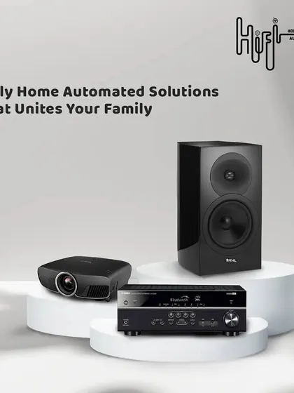 My service provides fully home-automated solutions that bring the family together. This collage shows the core components: a high-quality projector, a powerful AV receiver, and detailed speakers.