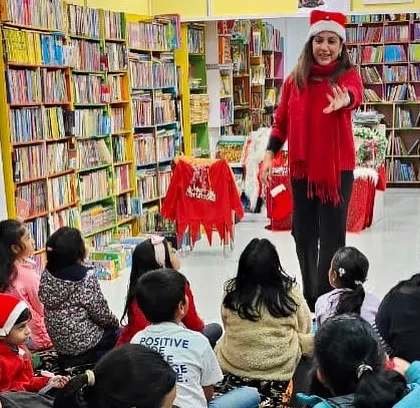 An interactive storytelling session in full swing during our Christmas event. I use voice modulation and drama to captivate the young audience, making them a part of the story itself.
