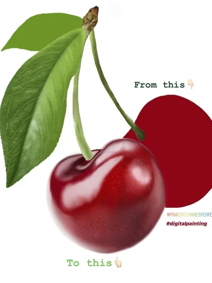 This shows my process for painting realistically. I start with a simple shape and base color, then slowly add layers of light and shadow to create this final, juicy cherry.