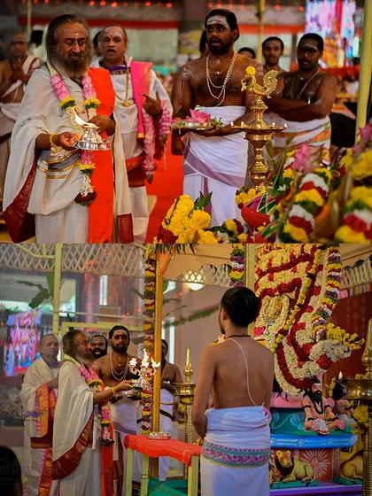 Two perspectives of the Rishi Homa during Navratri. The top frame shows me participating in the rituals, while the bottom frame captures the intensity and devotion of the ceremony.