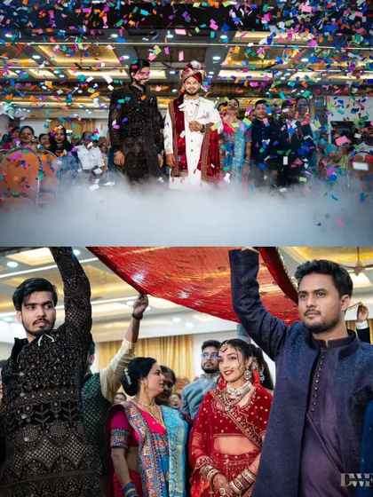 A collage showing the groom's grand entry with smoke effects and the bride's beautiful entrance under a phoolon ki chadar.