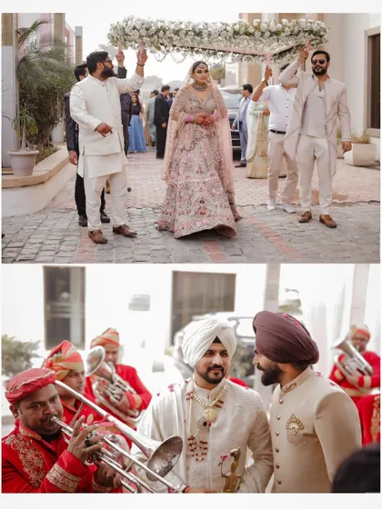 A collage showing the bride's entry and the groom's baraat.