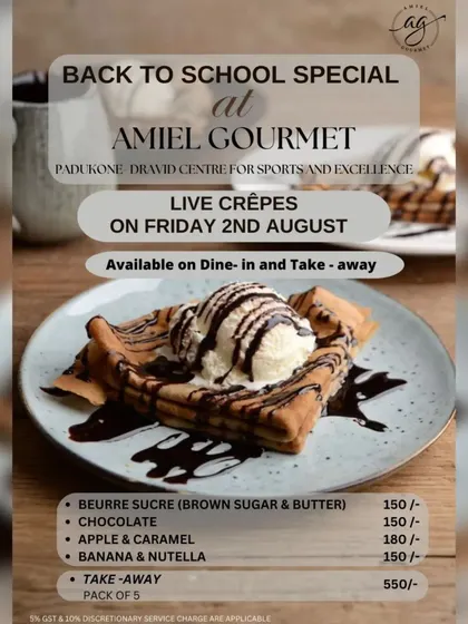 A special menu for a "Back to School" event featuring live crêpes. I offered classic flavors like Beurre Sucre, Chocolate, Apple & Caramel, and Banana & Nutella.