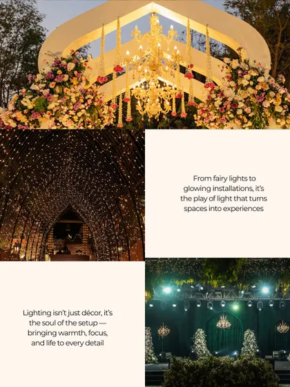 A collage showcasing the versatility of lighting design. It features a mandap with a chandelier, a tunnel of fairy lights, and a large-scale stage lighting setup, demonstrating how light can transform any space.