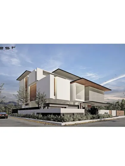 A 3D render of 'The Parasol,' an upcoming residential project. The design is characterized by its prominent, overhanging roof structures that provide shade and define the home's architectural identity.