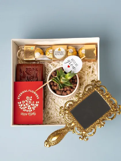 The contents of the return gift hamper, neatly arranged for a beautiful presentation.