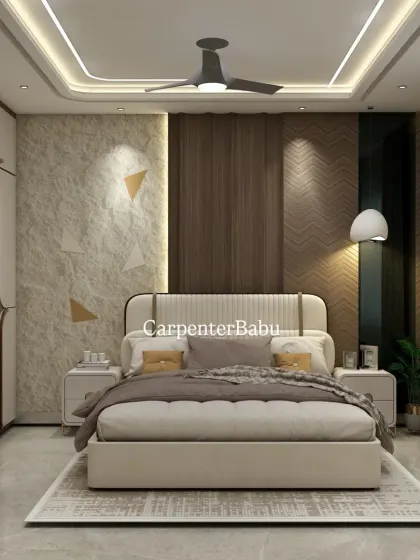 A bedroom with a textured headboard wall that combines a stone-like finish with wooden panels. The design is rustic yet modern, creating a unique and tactile experience.