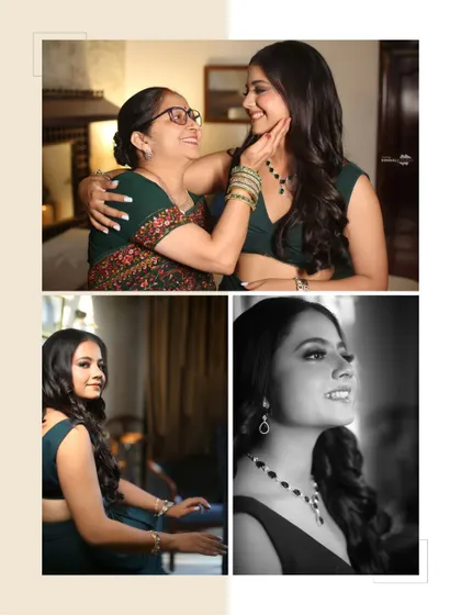 A collage showing the bride's tender moments with her mother, alongside some beautiful solo portraits. A celebration of family and bridal beauty.