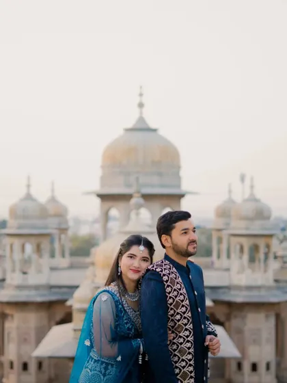 This series of photos at Gaitor Ki Chhatriyan showcases a variety of poses, from intimate close-ups to grand wide shots. I work with each couple to find the angles and compositions that best tell their story against these beautiful marble structures.