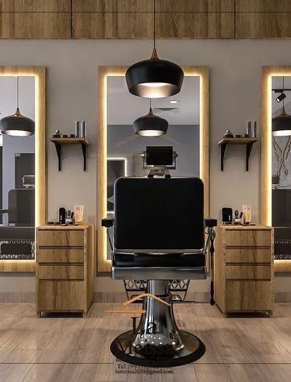 A 3D design for a classic, masculine barbershop. The combination of wood textures, leather chairs with chrome bases, and warm backlit mirrors creates a sophisticated and timeless atmosphere.