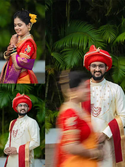A creative collage featuring a motion blur shot, symbolizing the whirlwind of emotions on a wedding day, alongside classic portraits.