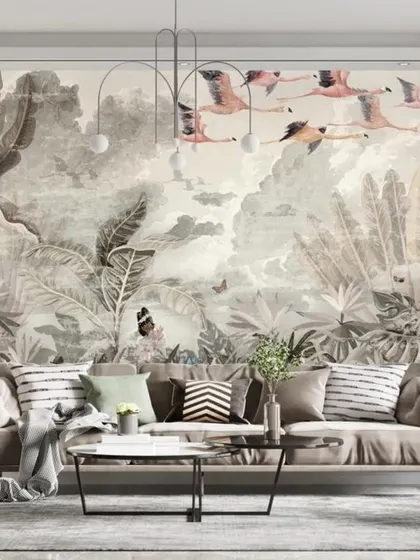 A flock of flamingos flies across a misty, tropical landscape in this stunning mural, adding a touch of whimsical elegance to the living room.