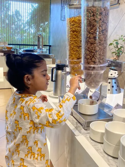 Our pyjamas are made for living in, not just sleeping. Here’s a little one enjoying her vacation breakfast in our comfy Giraffe print set. They are perfect for lounging all day.