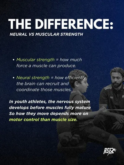 This graphic clearly defines the difference between muscular strength (force production) and neural strength (how the brain coordinates muscles). We explain why focusing on motor control is key, as the nervous system develops before muscles fully mature.