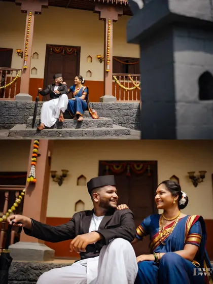Capturing a quiet, shared moment on the steps of a traditional Marathi house. The setting helps tell a story of love that is grounded in culture and family values.