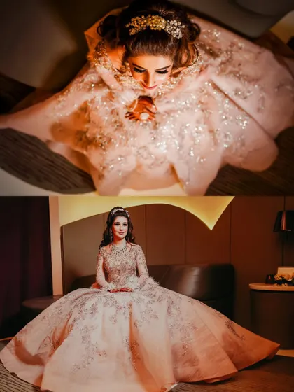 A collage showcasing the bride's magnificent princess gown. The top-down angle highlights the volume and intricate detail of the dress, creating a truly artistic bridal portrait.