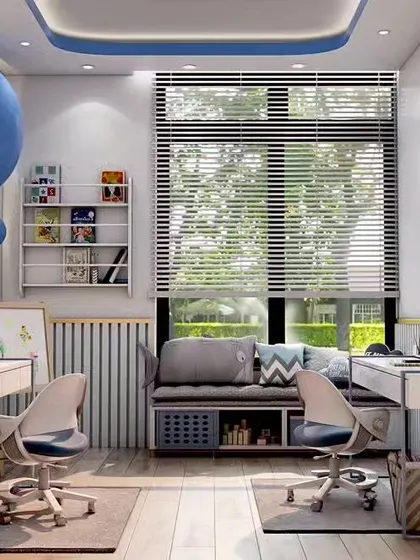 A duplicate of image 46, this shared study room is designed for productivity and comfort. It includes two separate desk spaces, ample shelving, and a window seat for reading.