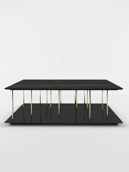 A frontal view of the two-tier center table, emphasizing its symmetrical design and the ample surface space it provides for both display and daily use.