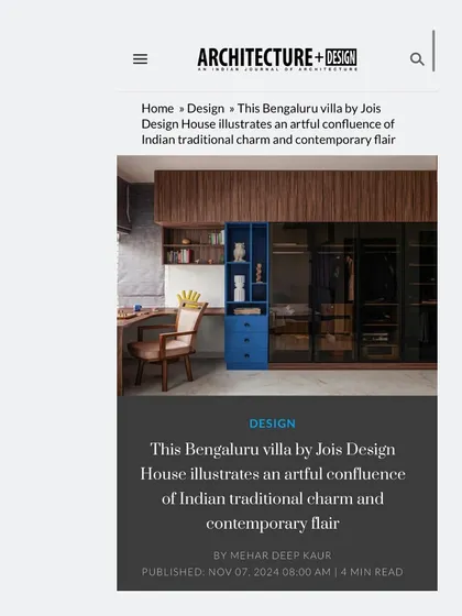 'Project Varnika' was featured in Architecture+Design magazine for its artful blend of Indian traditional charm and contemporary flair.