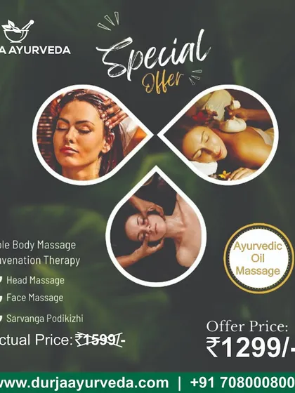 This graphic details a special offer package, including a whole body massage, head massage, face massage, and Sarvanga Podikizhi at a promotional price.