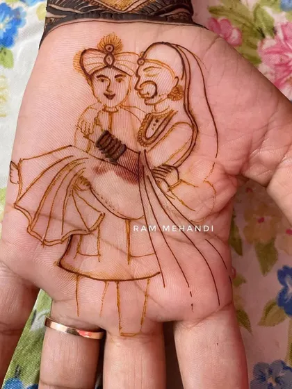 The outline of a playful couple portrait on the palm. This sketch captures the joyful moment before any shading is added.