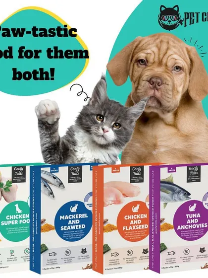 We have meal options for both your canine and feline friends. This image features Goofy Tails ready-to-eat meals, with different protein sources like chicken, mackerel, and tuna to satisfy any preference.