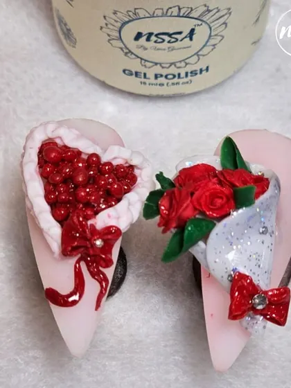 A pair of Valentine's themed 3D designs. On the left, a heart-shaped box of "chocolates," and on the right, a delicate bouquet of red roses, both sculpted with incredible detail.