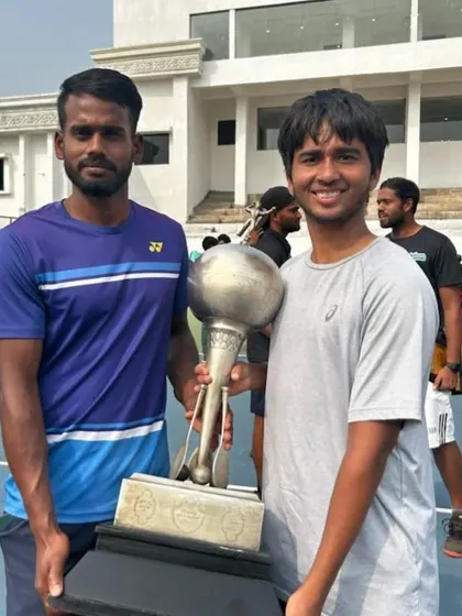 Our doubles champions Cahir Warik and Anand Prakash Gupta proudly holding their impressive trophy after their victory at the AITA 1 Lac event in Raipur.