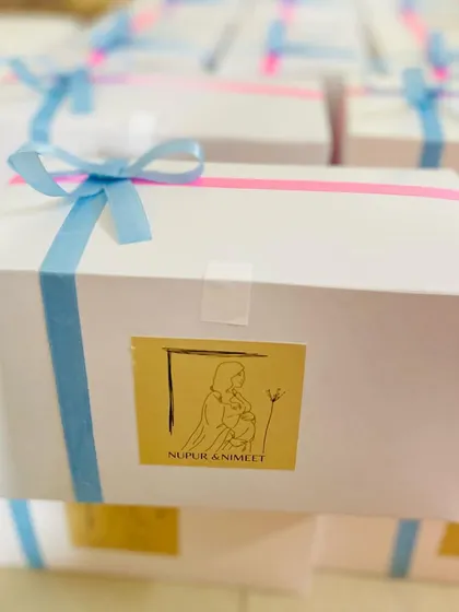 A custom-branded box for Nupur and Nimeet's baby shower favors, showing our ability to create fully personalized packaging.