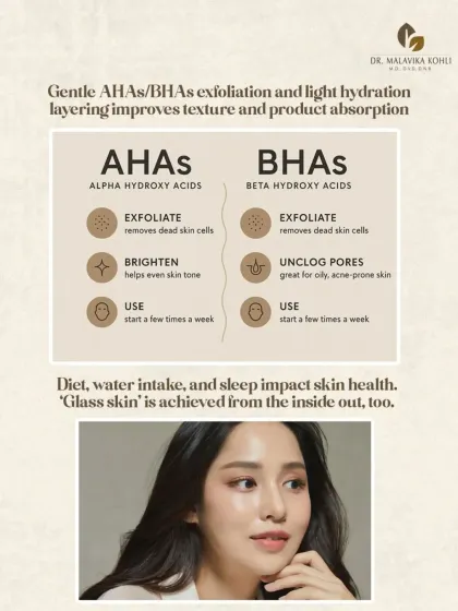 Achieving "glass skin" involves a holistic approach. Gentle exfoliation with AHAs and BHAs improves texture, while diet, water intake, and sleep impact skin health from the inside out.